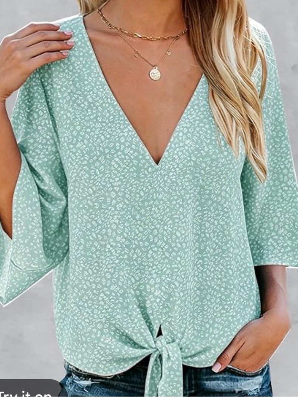 BLUETIME Women's Seafoam green/White V-Neck 3/4 Sleeve Tie Front Blouse, 2XL